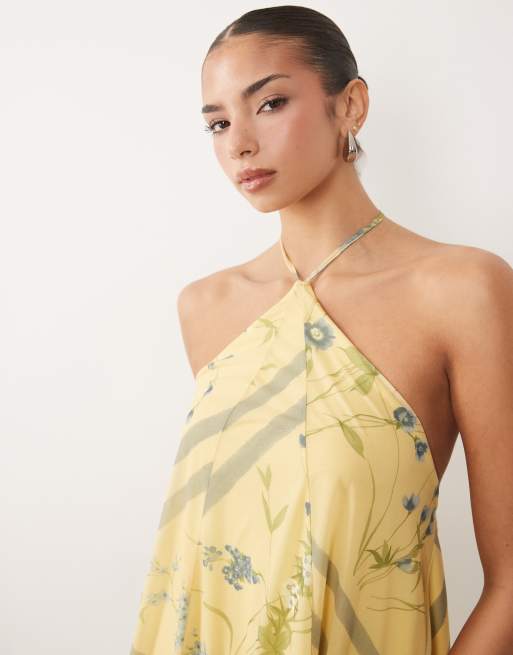 ASOS DESIGN – Asymmetrisches Minikleid aus Stretch-Chiffon in Zitronengelb mit Blumenmuster und Godet-Details, 3 von 4