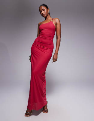 ASOS DESIGN - Asymmetrisches Netzstoff-Maxikleid in Rot mit Raffung, zweireihigem Träger und goldfarbenem Besatz