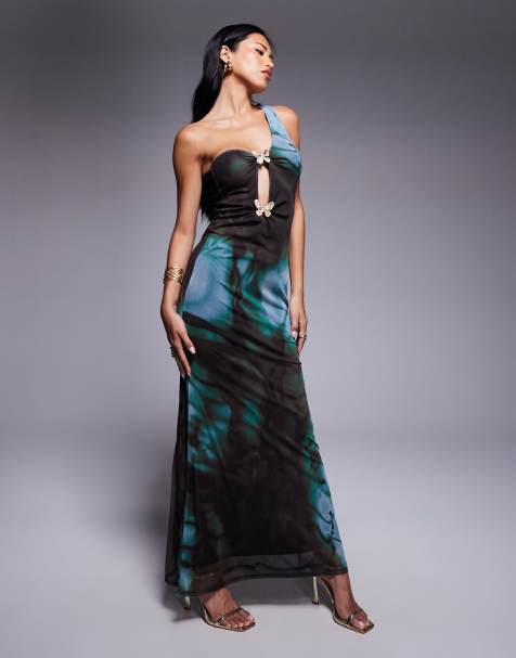 ASOS DESIGN – Asymmetrisches Netzstoff-Midikleid mit abstraktem Muster, One-Shoulder-Träger und Schmetterlingdetails - view 1