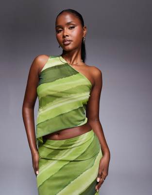 ASOS DESIGN - Asymmetrisches Oberteil aus Netzstoff in Grün mit One-Shoulder-Träger und abstraktem Muster, Kombiteil-Bun...