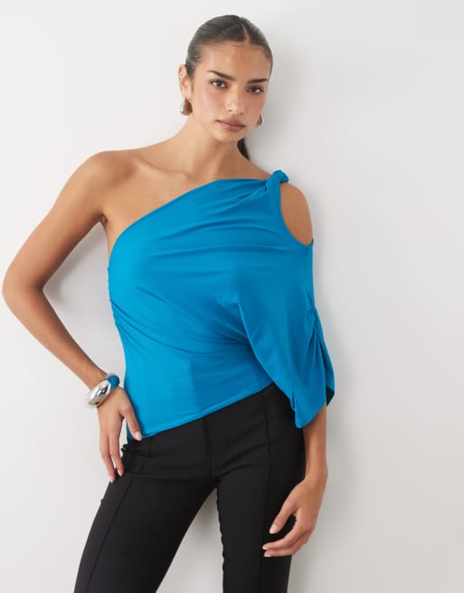 ASOS DESIGN asymmetrisches Oberteil mit fließenden Ärmeln in Petrol, 4 von 4