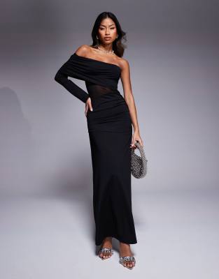 ASOS DESIGN - Asymmetrisches One-Shoulder-Maxikleid aus Netzstoff in Schwarz mit Cut-out