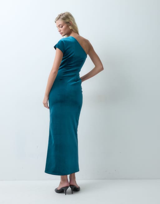ASOS DESIGN asymmetrisches One-Shoulder-Midikleid mit Besatz in Stahlblau aus gebondetem Samt, 3 von 5