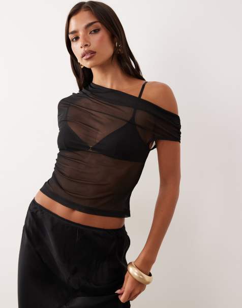 ASOS DESIGN – Asymmetrisches One-Shoulder-Top aus transparentem Netzstoff in Schwarz mit Raffung - view 1