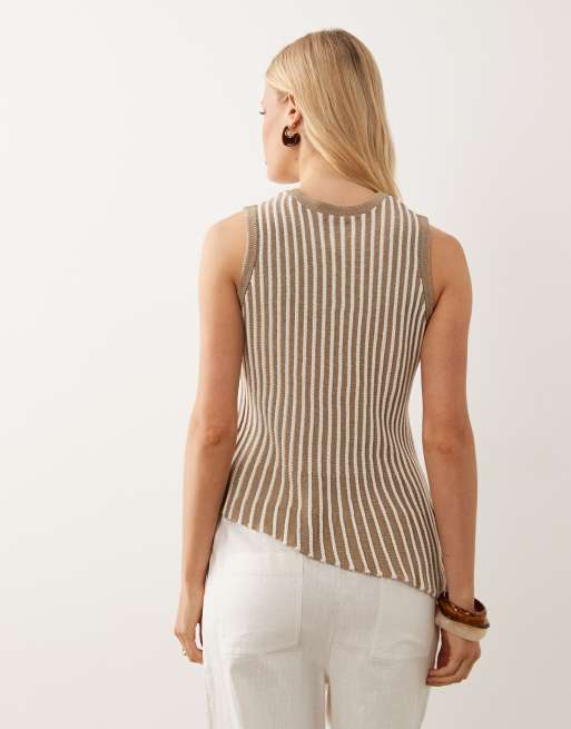 ASOS DESIGN – Asymmetrisches, plissiertes Strickoberteil in Mokka mit Streifenmuster, 4 von 4