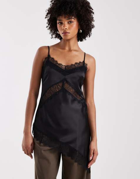 ASOS DESIGN – Asymmetrisches Satin-Camisole in Schwarz mit Spitze - view 1