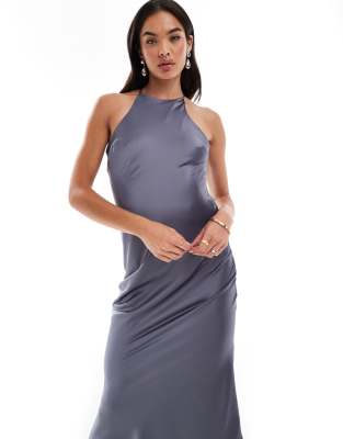 ASOS DESIGN - Asymmetrisches Satin-Maxikleid in Anthrazit mit Ringer-Rücken-Grau