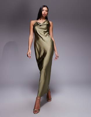 ASOS DESIGN - Asymmetrisches Satin-Maxikleid in Khaki mit One-Shoulder-Träger und Drapierung-Grün