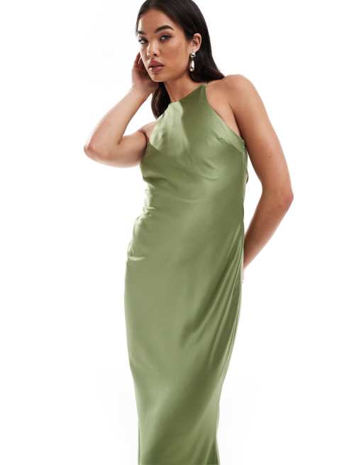 ASOS DESIGN – Asymmetrisches Satin-Maxikleid in Khaki mit Ringer-Rücken, 2 von 4