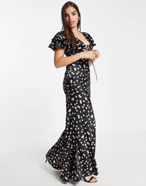 ASOS DESIGN – Asymmetrisches Satin-Maxikleid zum Binden vorne mit gerafften Ärmeln und Blümchenmuster, 4 von 4