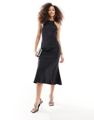 ASOS DESIGN - Asymmetrisches Satin-Midaxi-Kleid in Schwarz mit Ringer-Rücken