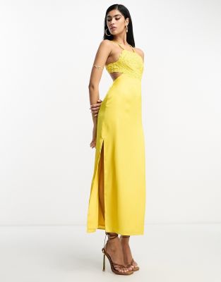 ASOS DESIGN - Asymmetrisches Satin-Midikleid in Senfgelb mit besticktem Oberteil und Rückenausschnitt