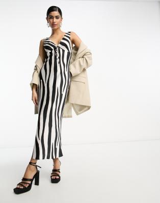 ASOS DESIGN - Asymmetrisches Satin-Midikleid mit abstraktem Zebramuster und Schnürdetail-Bunt