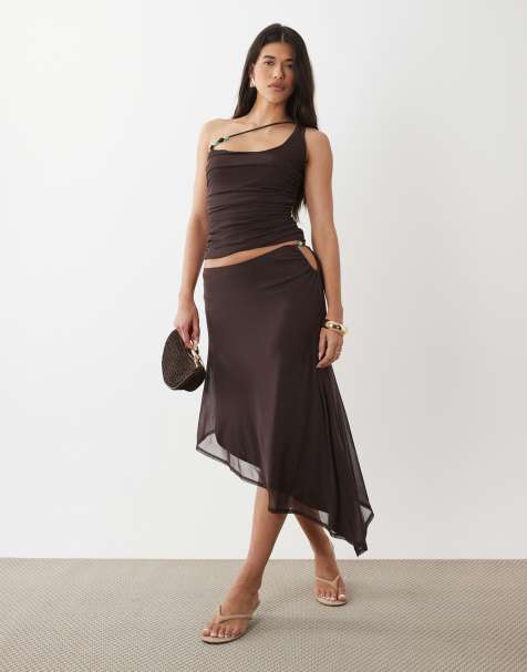 ASOS DESIGN – Asymmetrisches Set aus Netzstoff in Braun mit Perlen, Kombiteil - view 1