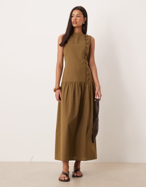 ASOS DESIGN – Asymmetrisches Sommerkleid in Maxilänge in Olivgrün mit U-Boot-Ausschnitt und tiefer Taille - view 1