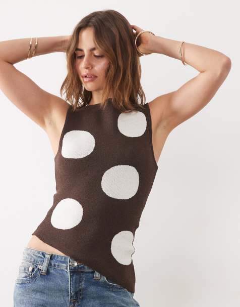 ASOS DESIGN – Asymmetrisches Strick-Oberteil in Braun mit Polka-Dots, Kombiteil - view 1
