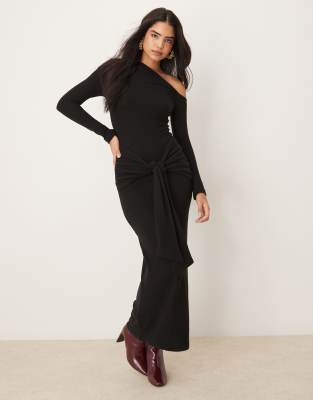 ASOS DESIGN - Asymmetrisches, superweiches Maxikleid in Schwarz mit Schnürung