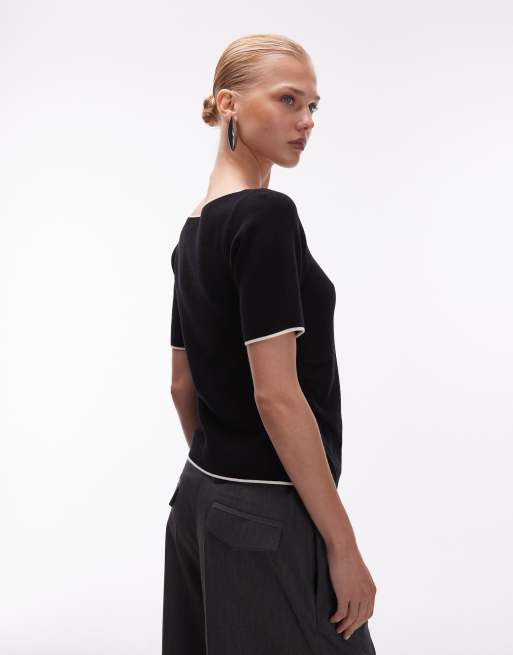 ASOS DESIGN – Asymmetrisches T-Shirt in Schwarz mit seitlicher Raffung und Paspelierung, 3 von 4