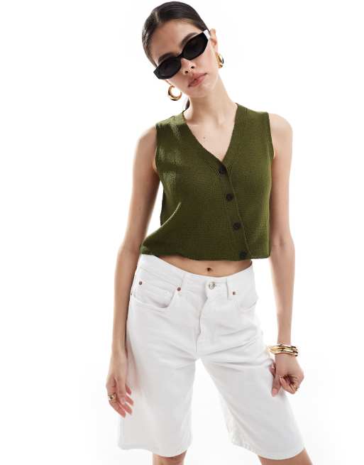 ASOS DESIGN - Asymmetrisk habitvest i kakigrønt bouclé-garn