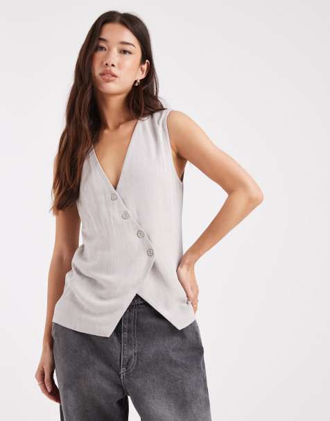 ASOS DESIGN – Asymmetrisk kostymväst med omlottdesign i linnelook - view 1