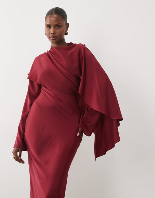 ASOS DESIGN asymmetrisk maxikjole med kapedetalje og indsnøret talje i bær, 2 af 4