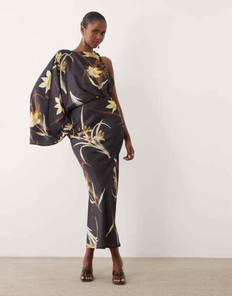 ASOS DESIGN asymmetrisk maxiklänning med en draperad ärm och markerad midja - view 1