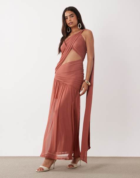 ASOS DESIGN asymmetrisk maxiklänning med knytband, draperade paneler och utskärning i lera - view 1