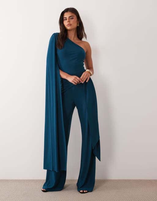 ASOS DESIGN asymmetrisk one-shoulder jumpsuit med skærp, kapedetalje og bindebånd i petrol, 2 af 4