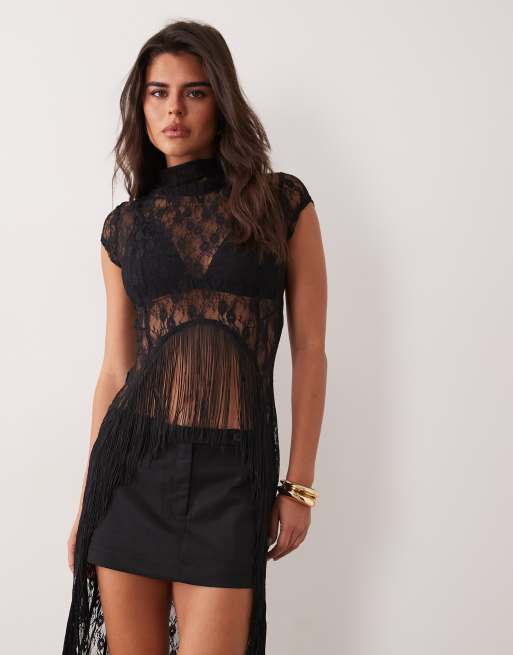 ASOS DESIGN asymmetrisk top med høj hals i blonde og frynser i sort, 4 af 4