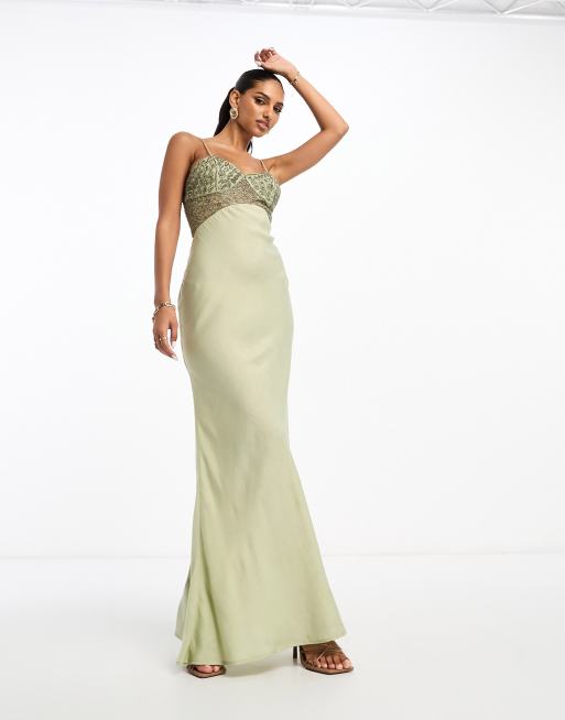 ASOS DESIGN – Atłasowa sukienka maxi na ramiączkach ze zdobioną górą w kolorze khaki