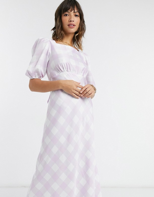  2021 Fajne ASOS DESIGN – Atłasowa sukienka midi w kratę z bufkami i odkrytymi plecami Fioletowa kratka