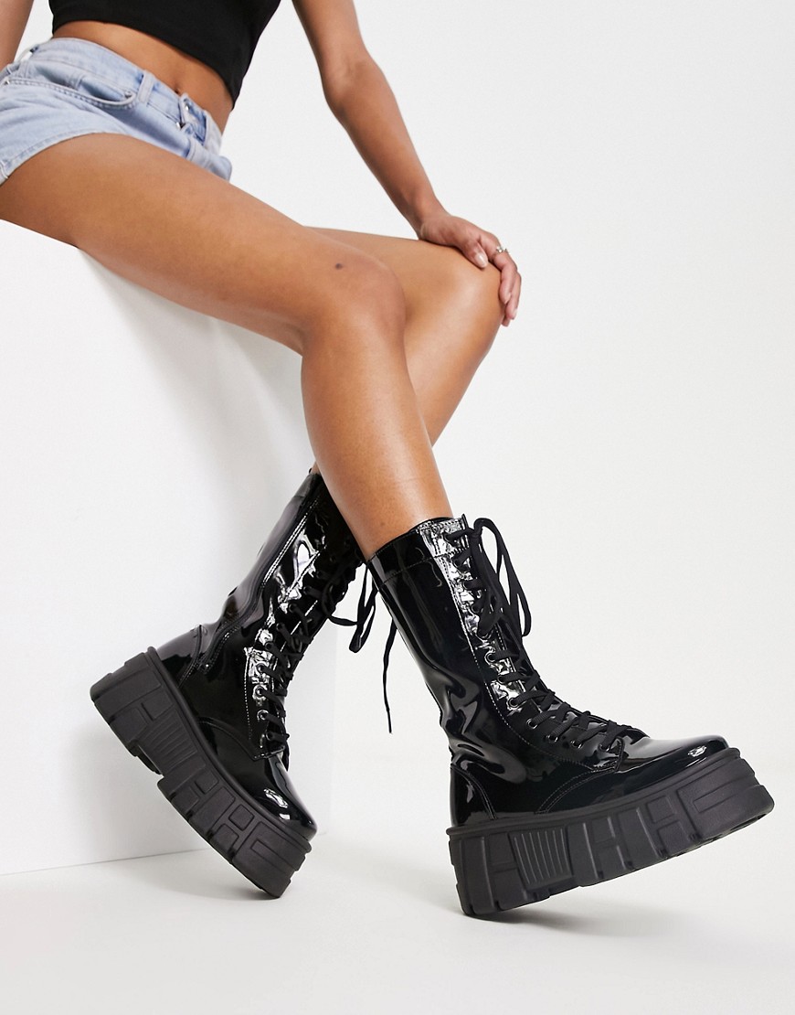 ASOS DESIGN Athens 3 chunky high lace up boots in black patent