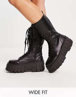 ASOS DESIGN - Athens 3 - Hohe chunky Schnürstiefel in Schwarz, weite Passform