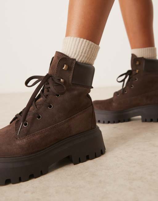 ASOS DESIGN Athens suede chunky lace-up boots in chocolate
