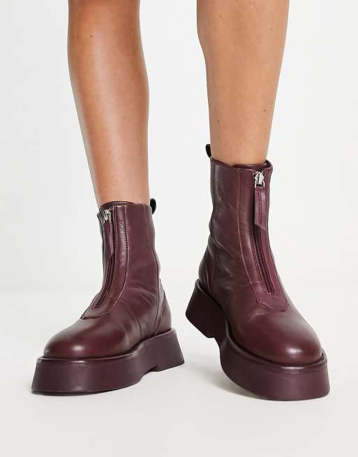 ASOS DESIGN Atlantis leather zip front boots in burgundy leather