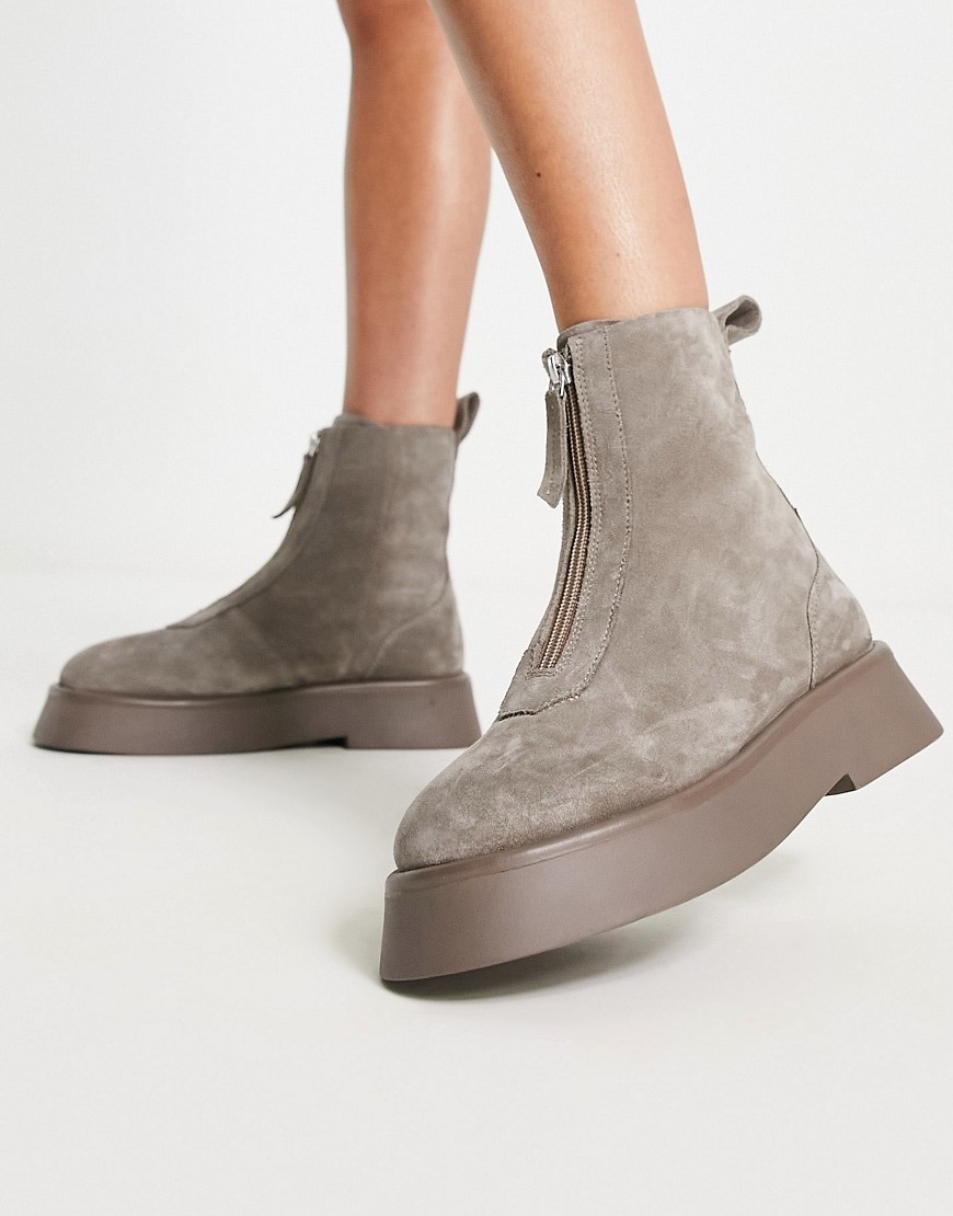 Asos Design Atlantis Leather Zip Front Boots In Taupe Suede-gray