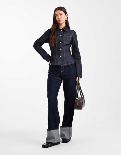 ASOS DESIGN – Atramentowa jeansowa kurtka koszulowa z kołnierzykiem, ozdobnymi szwami i kieszeniami