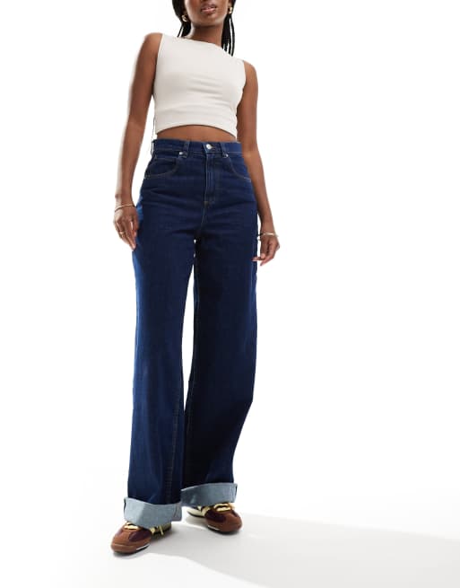ASOS DESIGN – Atramentowoniebieskie, luźne jeansy z szerokimi, wywiniętymi mankietami 