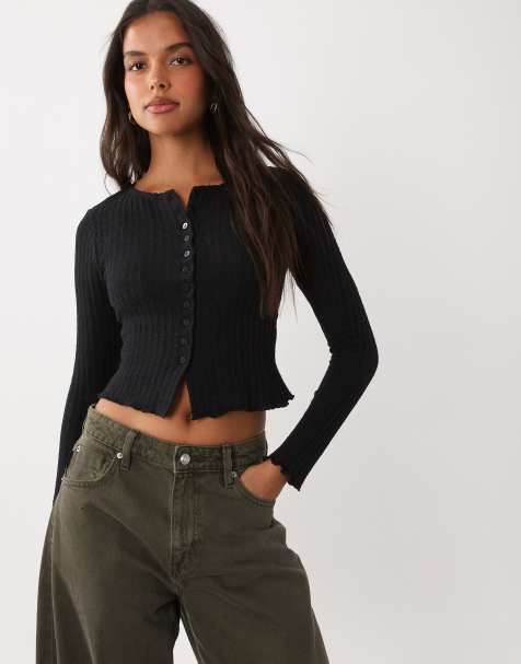 ASOS DESIGN åtsittande topp med struktur och knäppning framtill, lång ärm, svart - view 1