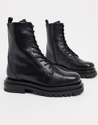 asos design trainer shoes in black leather with chunky sole