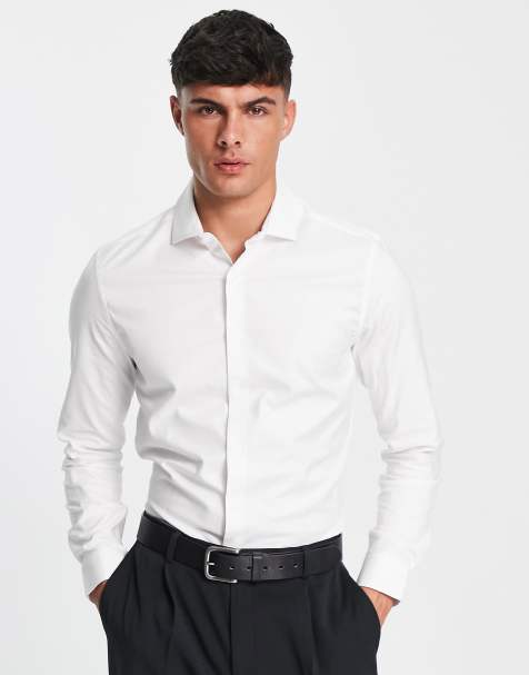 ASOS DESIGN – Łatwa do prasowania dopasowana biała koszula z diagonalu z kołnierzykiem włoskim - view 1