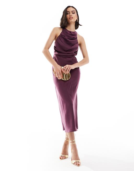 ASOS DESIGN - Auberginefarvet midikjole i satin med draperet overdel, 2 af 4