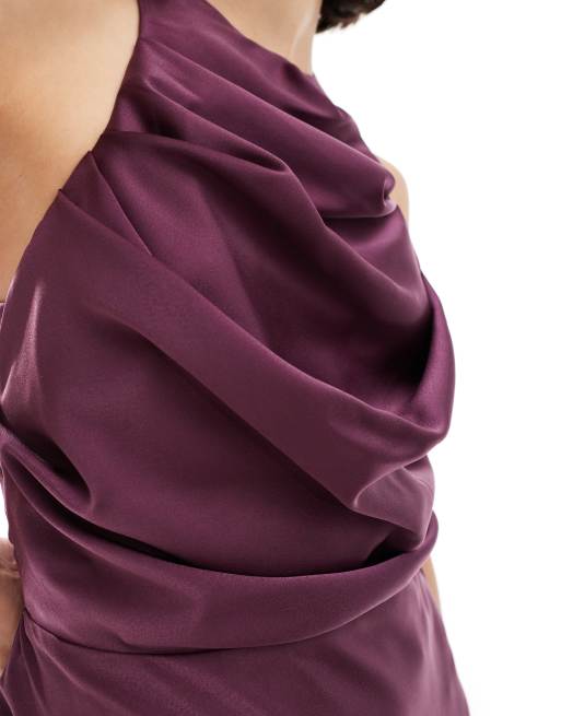 ASOS DESIGN - Auberginefarvet midikjole i satin med draperet overdel, 3 af 4
