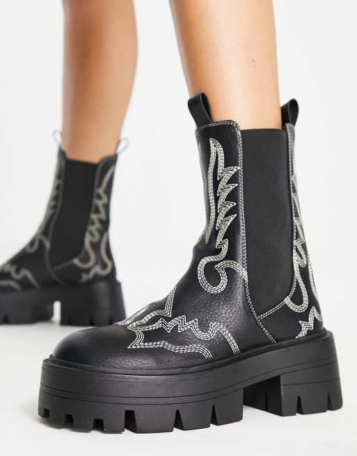 ASOS DESIGN – Auction – Svart chelseaboots med detalj i cowboystil
