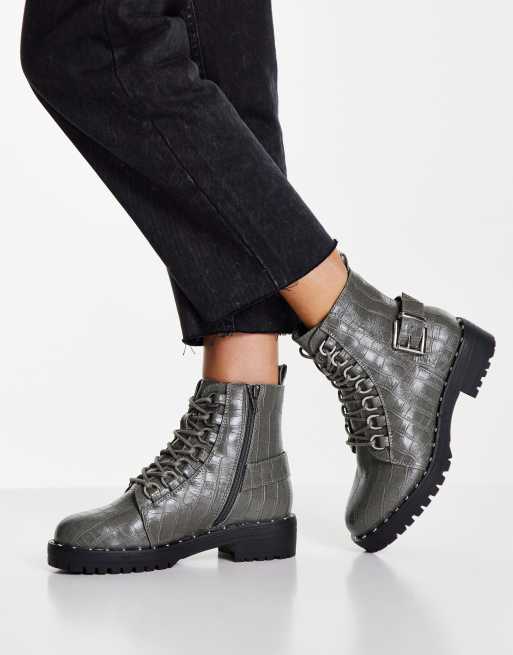 ASOS DESIGN - Aura - Grå vandrestøvler i imiteret krokodilledesign med snørebånd, 2 af 4
