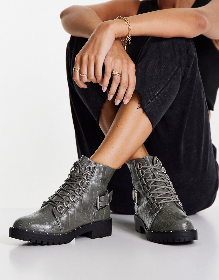 ASOS DESIGN Aura lace-up hiker boots in gray croc-Grey