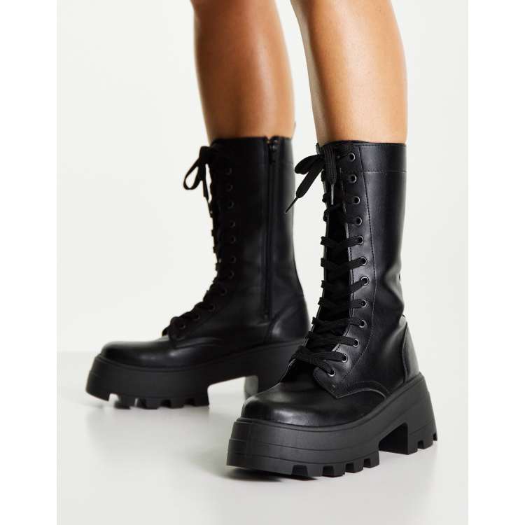 asos design camera chunky lace up knee boots in black