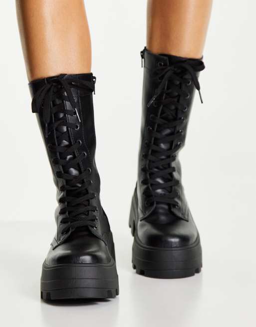 asos design camera chunky lace up knee boots in black