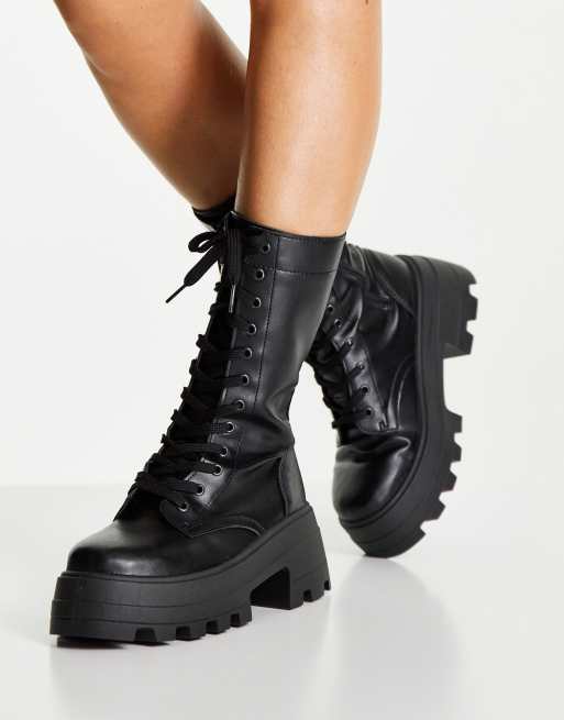 asos design camera chunky lace up knee boots in black