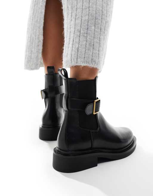 ASOS DESIGN Aurora flat boots with buckle strap in black, 2 of 4